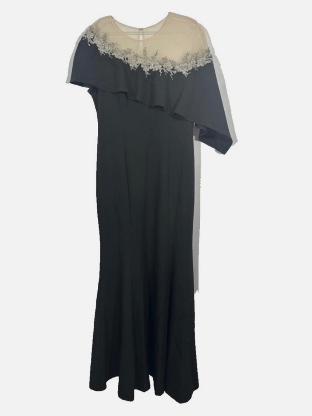 Marchesa Notte Gown Crystal Embellished Tulle Black Crepe Illusion Cape Sz 6 NWT